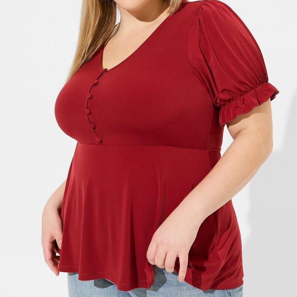 Studio Knit Babydoll Button Front Puff Sleeve Babydoll